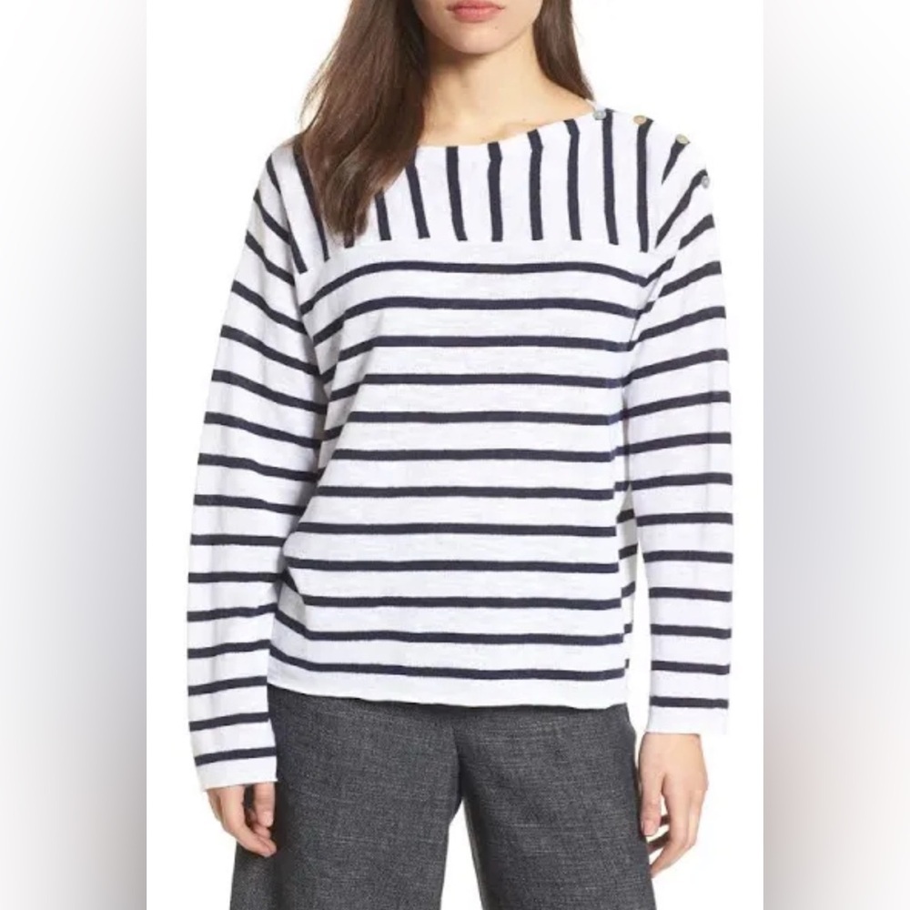 Eileen Fisher Eileen Mixed Stripe Top - White/Midnight Petite Medium
